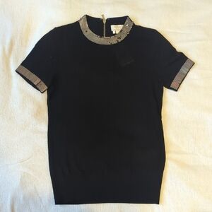NWT Kate Spade Black Short Sleeve Sweater Top with Sequined Collar And Sleeves